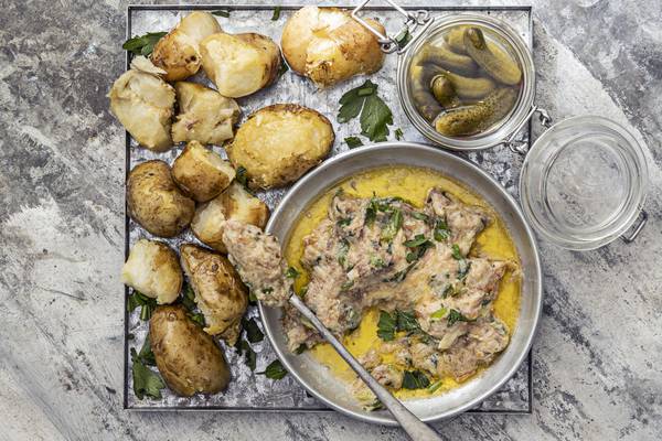 Smoked potatoes, smoked mackerel butter and cornichons