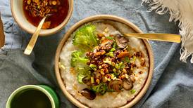 Congee with mushrooms, greens and chilli oil 
