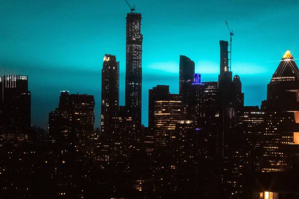 New York skyline lit up blue after transformer explosion