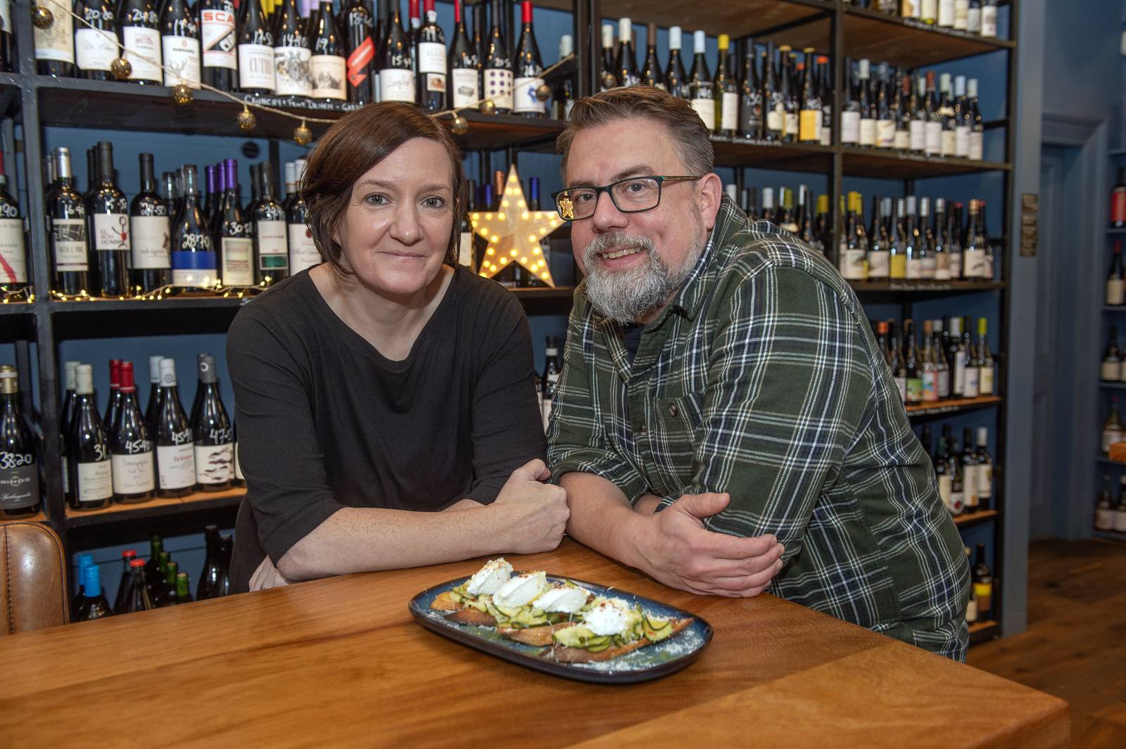 Trudy Ahern and Sean Gargano of the Mac Curtain Wine Cellar, Cork, with a sharing plate of 'Nduja and dried tomato crostini with lemon, chillia nd garlic courgette.