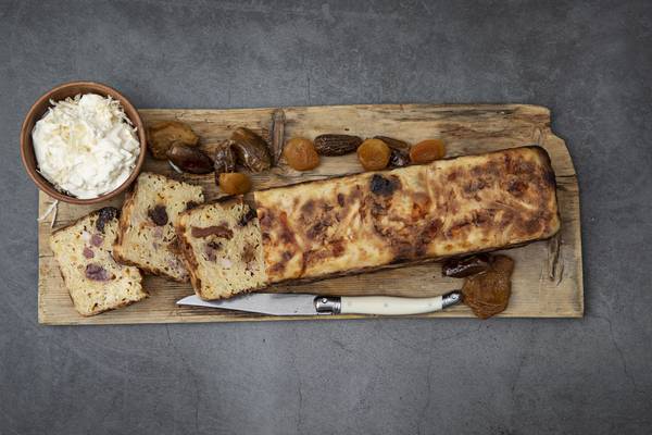 Warm potato terrine with smoked bacon and dried fruit
