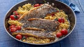 Pan-fried sea bream with orzo, garlic and tomato