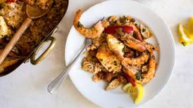 Baked 'paella' with prawns and chorizo makes a hearty meal