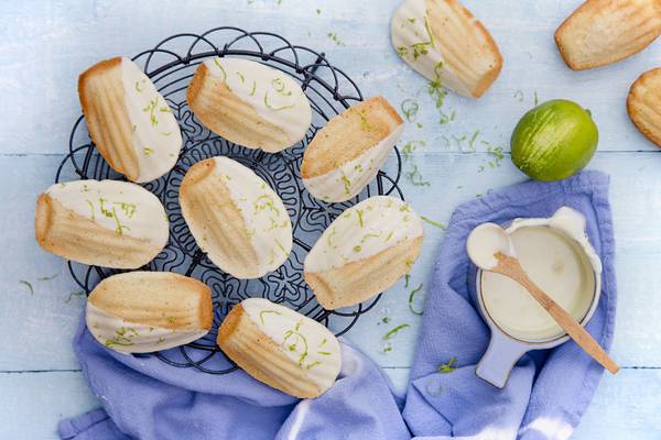 Madeleines dipped in white chocolate