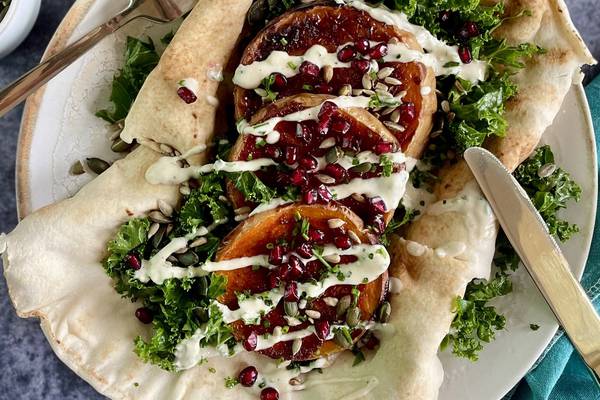Roast squash and kale salad with tahini ranch dressing