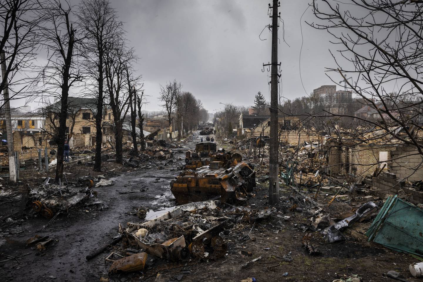 Damage in the streets of Bucha, Ukraine after Russian soldiers retreated, on April 3rd, 2022. Hours before Russian troops began withdrawing from the suburban town, a Russian soldier left a trail of blood and devastated lives in a last paroxysm of violence. Photograph: Ivor Prickett/The New York Times