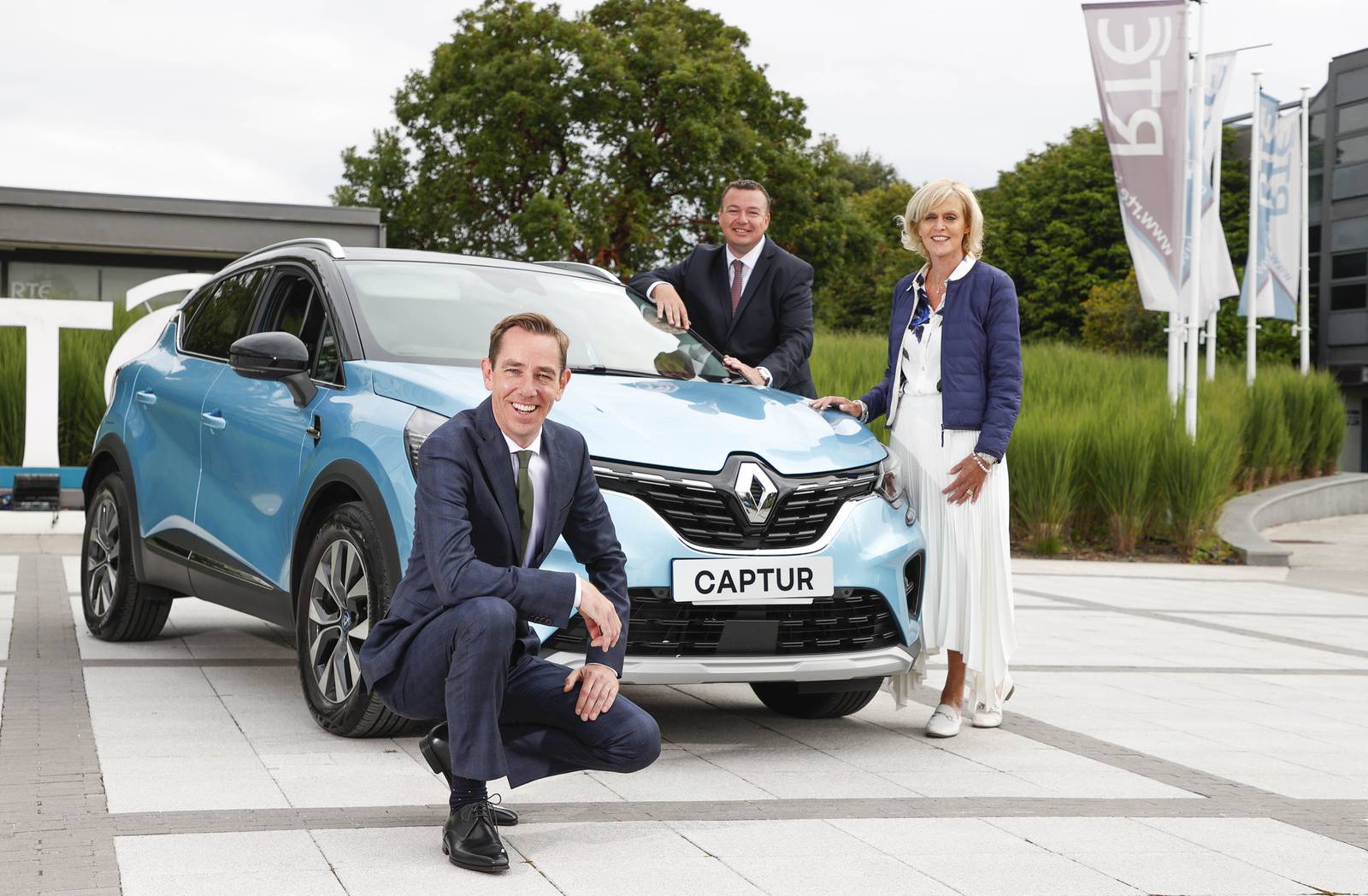 The Late Late Show Host Ryan Tubridy with Patrick Magee Country Operations Director Renault Group and former RTÉ Commercial Director Geraldine O'Leary. Photograph: Conor McCabe