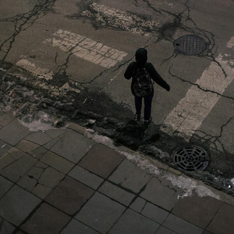 A pedestrian passes where Jussie Smollett claimed he was attacked in Chicago on February 21st, 2019. Photograph:  Alyssa Schukar/The New York Times