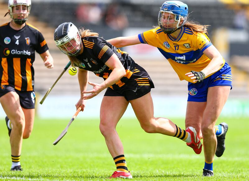 Kilkenny's Niamh Deely in action against Clare's Aine O'Loughlin. Photograph: Stephen Heaney/Inpho