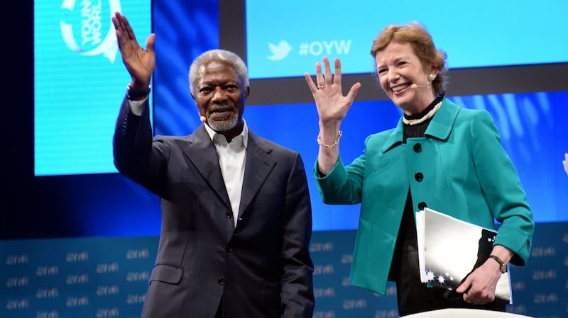 Mary Robinson and Kofi Annan: Annan constantly declared himself to be an optimist, however challenging the environment. Photograph; Dara Mac Dónaill