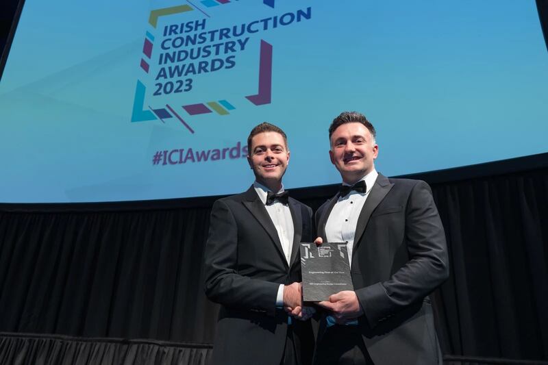 Shane Murtagh, sales director at KOREC Ireland, presents the engineering firm of the year award to Conor McGinn, EDC Engineering Design Consultants