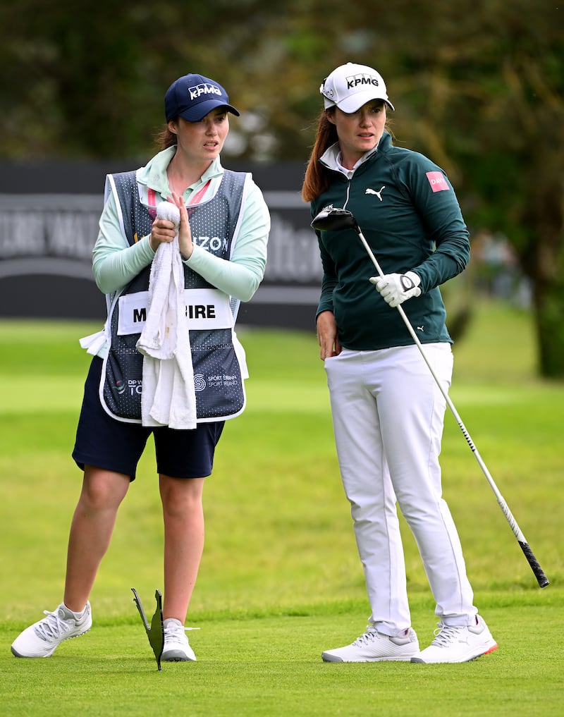 Leona Maguire (right) with her twin sister and caddie Lisa at a pro-am event before the Irish Open at Mount Juliet Estate in Co Kilkenny in 2022. Photograph: Ross Kinnaird/Getty