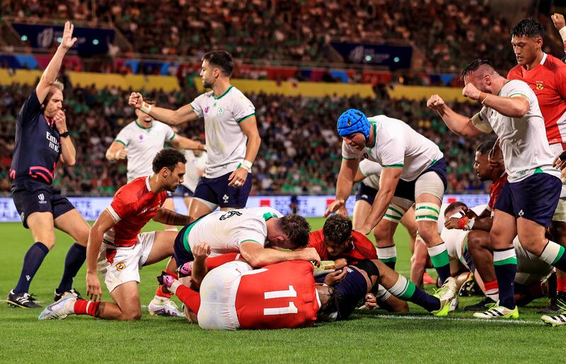 Ireland's Caelan Doris against Tonga in their Pool B game. Photograph: Dan Sheridan/Inpho