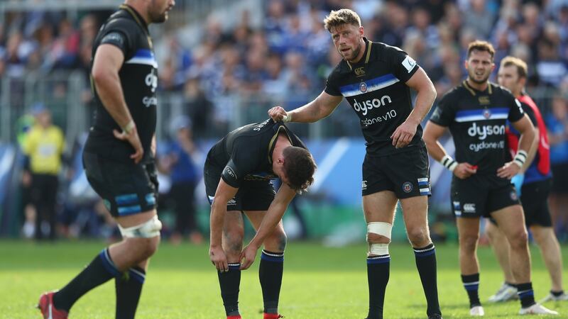 Freddie Burns of Bath is consoled by Rhys Priestland after failing to ground the ball for a try during the Champions Cup in 2018. Photograph: Getty Images