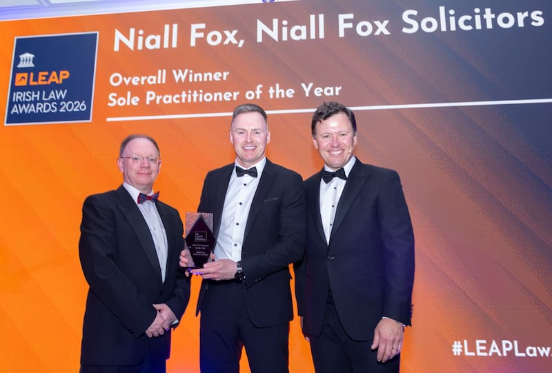 Richard Hammond, solicitor and partner at Hammond Good and chair of the judging panel of the Leap Irish Law Awards; Niall Fox, principal solicitor at Niall Fox Solicitors; and Anton Savage, MC of the night. Photograph: Paul Sherwood