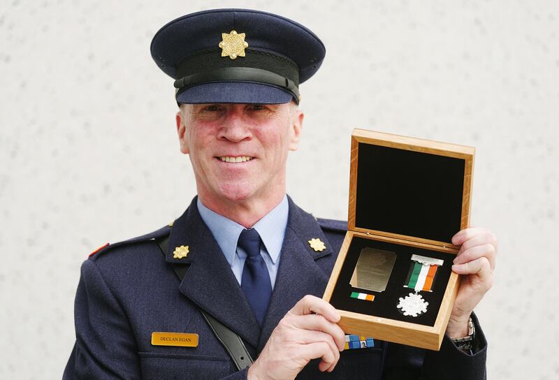 Gda Insp Declan Egan, whose father, det sgt Michael Egan, was posthumously awarded a silver Scott Medal. Photo: Brian Lawless/PA