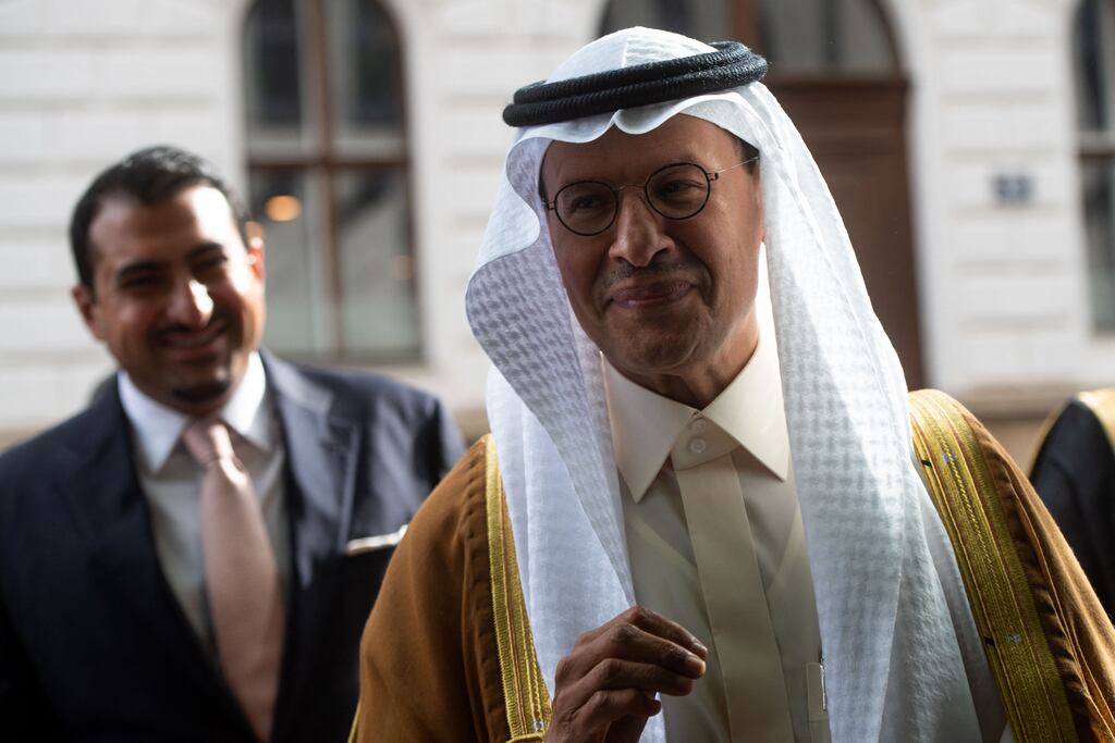 Saudi Arabia's energy minister Abdulaziz bin Salman Al Saud arriving for an Opec+ meeting in Vienna, Austria. The production cut agreed is likely to anger the US. Photograph: Vladimir Simicek/AFP via Getty Images