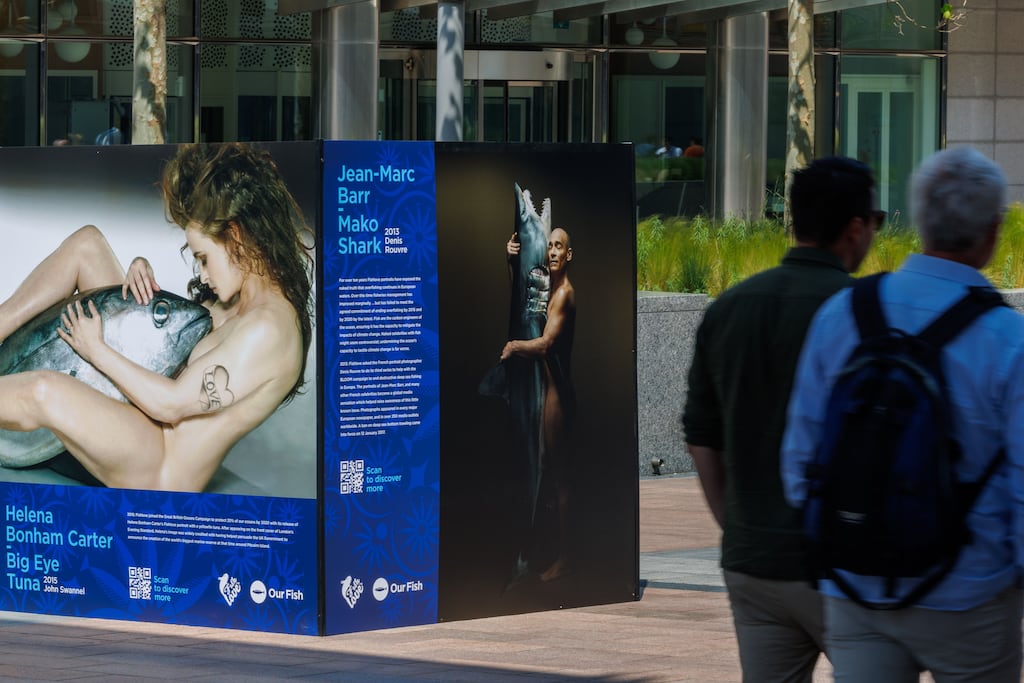 Portraits of celebrities on display as part of a photo exhibition, Ending EU Overfishing: The Decade Past and the Decade to Come, in front of the EU Parliament in Brussels, last summer. Photograph: Olivier Matthys/Shutterstock.