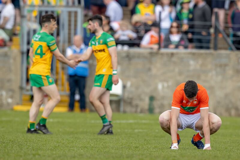 Rory Grugan of Armagh shows his disappointment after the crushing defeat by Donegal at Ballybofey in April. Now victories over Tyrone and Donegal will have instilled great belief in McGeeney's side. Photograph: Morgan Treacy/Inpho 