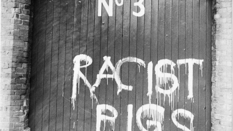 Several of the gates of Lansdowne Road were daubed in 1981 in protest at Ireland’s tour of South Africa.  Photograph: Tom Lawlor