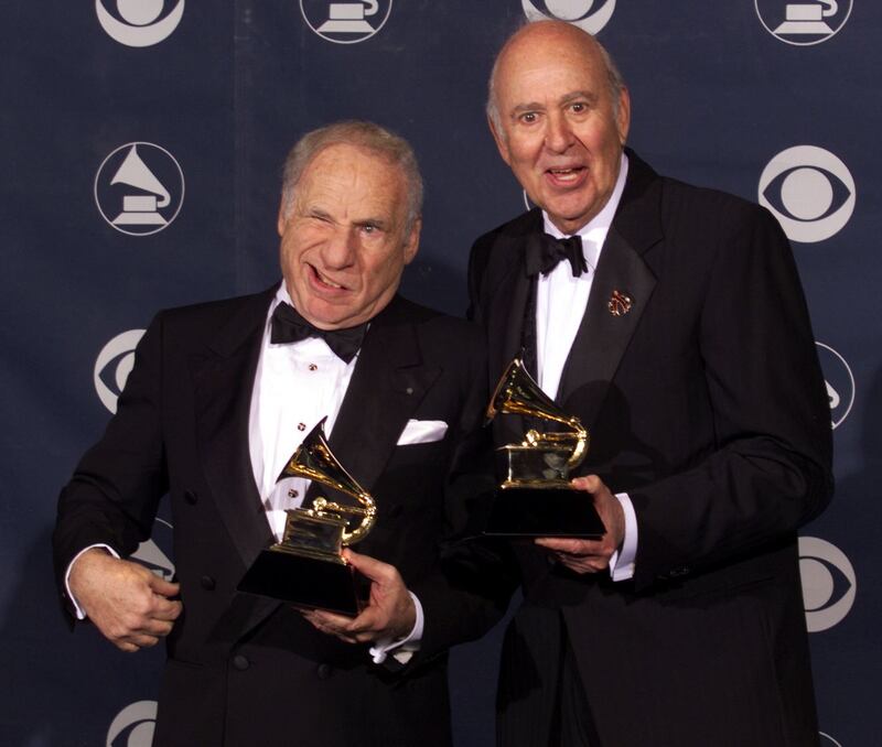 Brooks and Reiner with their Grammy Awards for best spoken comedy album, The 2000 Year Old Man In The Year 2000. Photograph: Vince Bucci/AFP via Getty