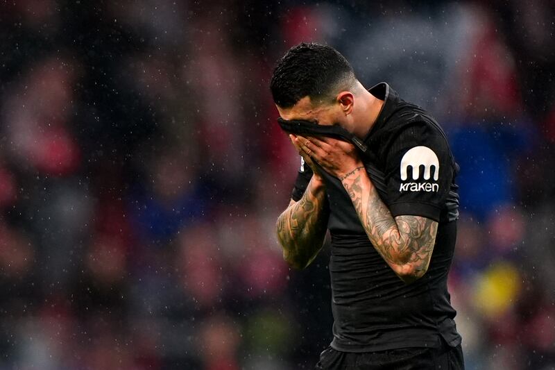A dejected Pedro Porro of Tottenham Hotspur after the nightmare game in Madrid. Photograph: PA

