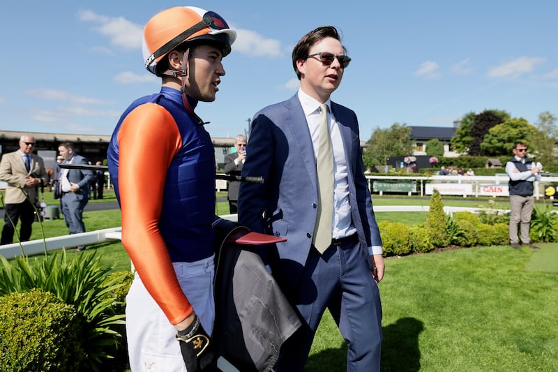 Jockey Dylan Browne McMonagle and trainer Joseph O’Brien after the race. Photograph: Laszlo Geczo/Inpho