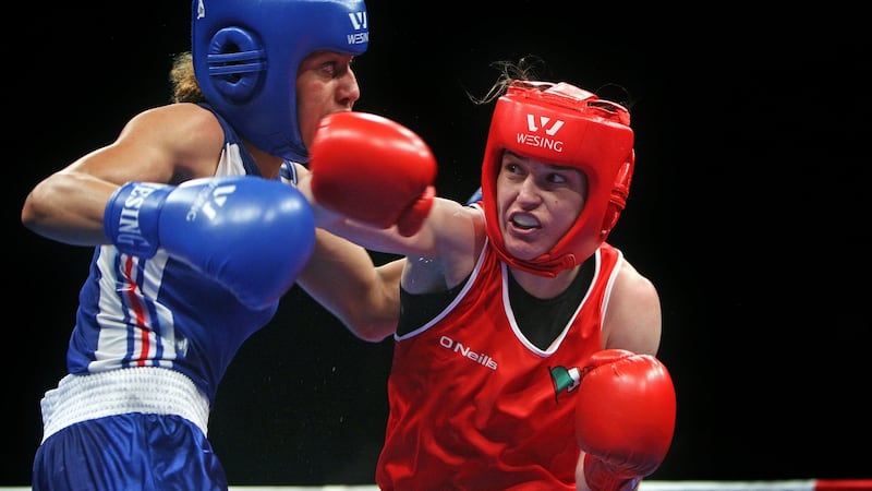 Katie Taylor  in action against Estelle Mossely  during the 2014 European Elite Women’s Championships at the  Polyvalent Arena in  Bucharest. Photograph:  Octavian Cocolos/Inpho
