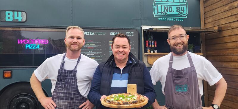 Neven Maguire with Bowie Thompson and Ray Murphy of No 84 Woodfire Bus