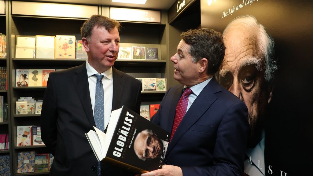 Minister for Finance Paschal Donohoe (right) has launched The Globalist, a biography of Peter Sutherland by John Walsh (left).  Photograph Nick Bradshaw