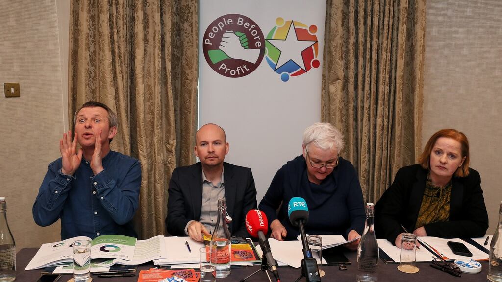 Richard Boyd Barrett (left), Paul Murphy (second left), Brid Smith and Ruth Coppinger (right) during Solidarity People Before Profit’s launch of their General Election Environment Policy at Buswells Hotel in Dublin. Photograph: Brian Lawless/PA Wire