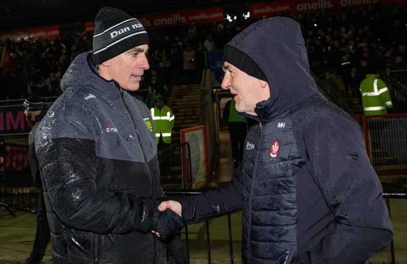 Donegal’s manager Jim McGuinness and manager Mickey Harte of Derry after a Dr McKenna cup match earlier this year. Photograph: James Crombie/Inpho
