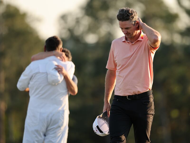 Justin Rose after losing the playoff to Rory McIlroy on the 18th green in the final round of the 2025 Masters at Augusta. Photograph: Michael Reaves/Getty Images
