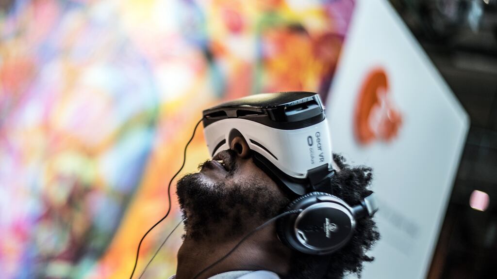 A visitor uses a 2DF headset at Re:publica in Berlin in May. Photograph: Filip Singer/EPA