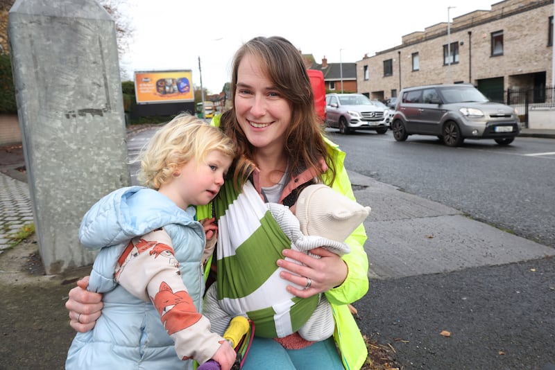 Karen Kenny with her children Iseult (2) and Seamus (five weeks) in Chapelizod. Photograph: Bryan O’Brien/The Irish Times