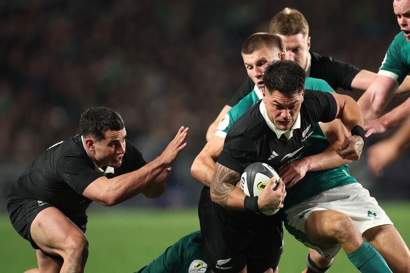 Quinn Tupaea of the New Zealand All Blacks is tackled during the Nations Championship match between New Zealand All Blacks and Ireland. Photograph: Phil Walter/Getty Images
