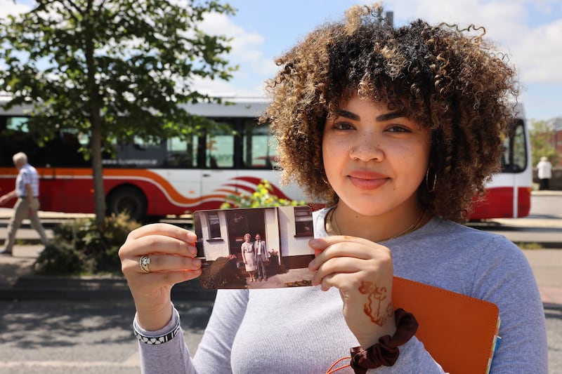 Sarah Lennon holds a photograph of her Irish grandparents. Photograph: Dara Mac Dónaill/The Irish Times