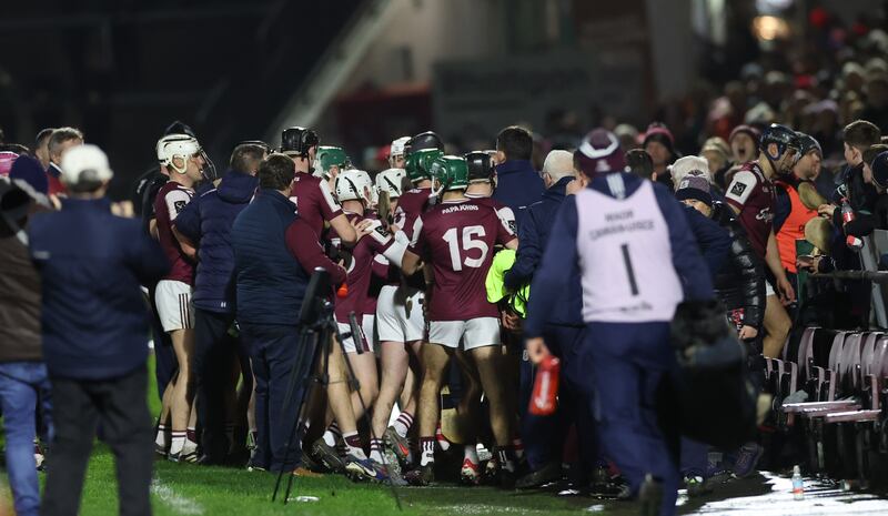 Tempers flare at half-time as the teams leave the field. Photograph: James Crombie/Inpho