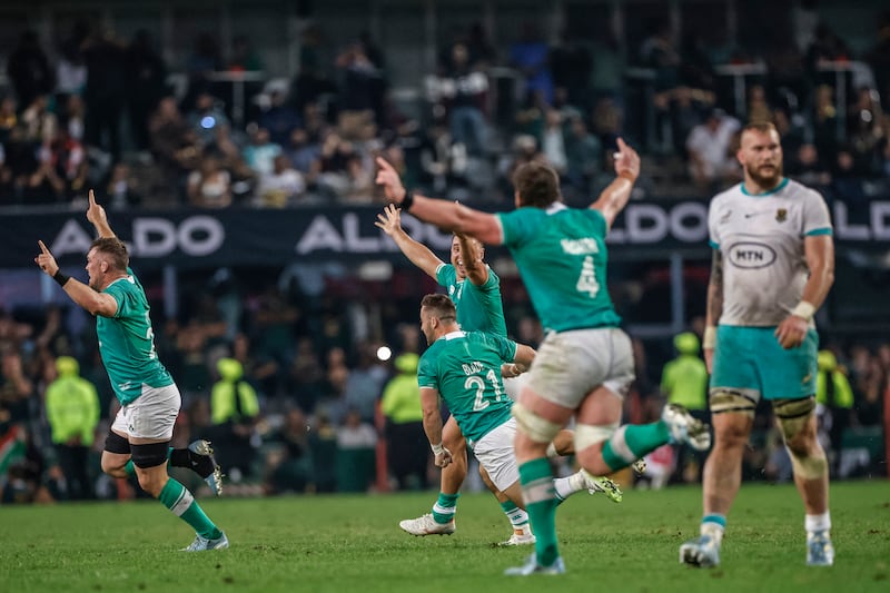 Ireland's players celebrate after beating South Africa. Photograph: Phill Magakoe/AFP via Getty Images