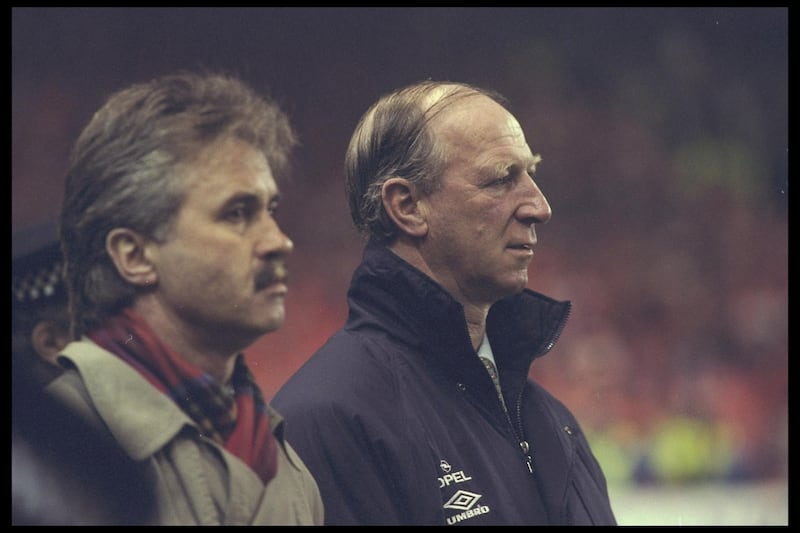 Netherlands manager Gus Hiddink in front of Jack Charlton the manager of the Republic of Ireland at Anfield in December 1995. Photograph: CliveBrunskill/Allsport