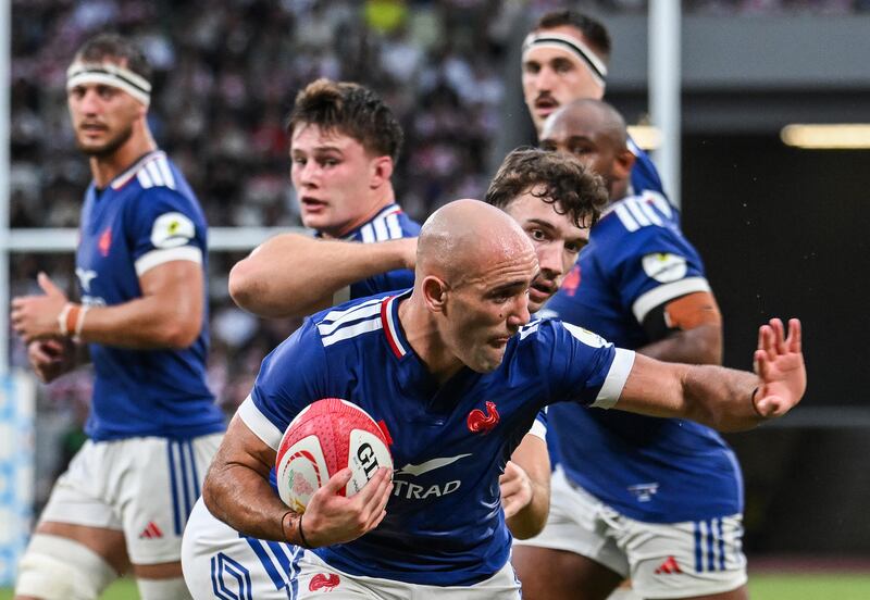 France's Maxime Lucu scores a try against Japan. Photograph: Andrew Caballero-Reynolds/AFP via Getty Images