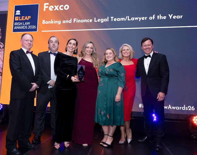 Richard Hammond, solicitor and partner at Hammond Good and chair of the judging panel of the Leap Irish Law Awards; Arran Dowling, judge of the Leap Irish Law Awards; Margaret Maguire, general counsel at Fexco; Kelsie Somers, regulatory counsel at Fexco; Aoibheann O'Grady, in-house legal counsel (solicitor) at Fexco; Sorcha Burke, lawyer at Fexco; and Anton Savage, MC of the night. Photograph: Paul Sherwood