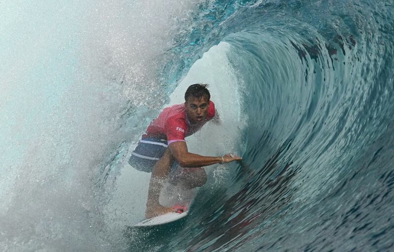 France's Kauli Vaast claimed a gold medal in the surfing final in Teahupo'o, on the French Polynesian Island of Tahiti. Photograph: Jerome Brouillet/AFP/Getty Images