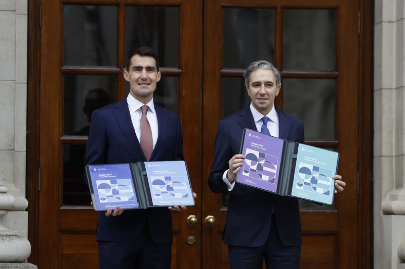 Ministers Jack Chambers and Simon Harris at Government Buildings ahead of their Dáil speeches. Photograph: The Irish Times/ Nick Bradshaw