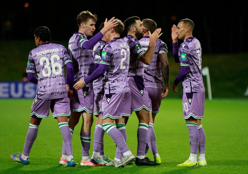Shamrock Rovers' Graham Burke celebrates scoring his side's first goal with team-mates. Photograph: Hafsteinn Snær Porsteinsson/Inpho