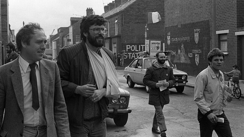 Danny Morrison with Gerry Adams canvassing for the EEC elections in 1984. Photograph: Pacemaker