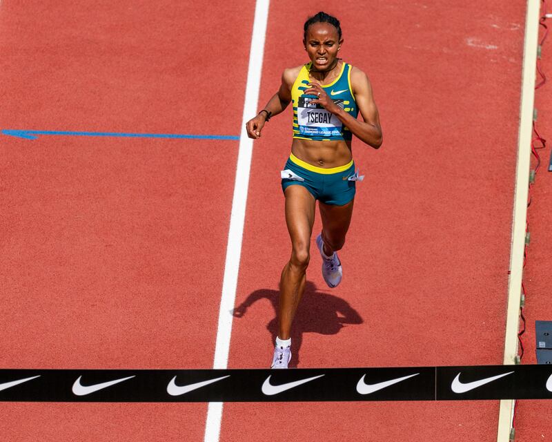Gudaf Tsegay of Ethiopia wins the women's 5,000m, setting a new world record, at the Diamond League final in Oregon. Photograph: Ali Gradischer/Getty Images