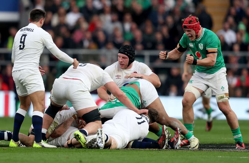 Ireland’s Josh van der Flier celebrates a turnover vs England. Photograph: Dan Sheridan/Inpho
