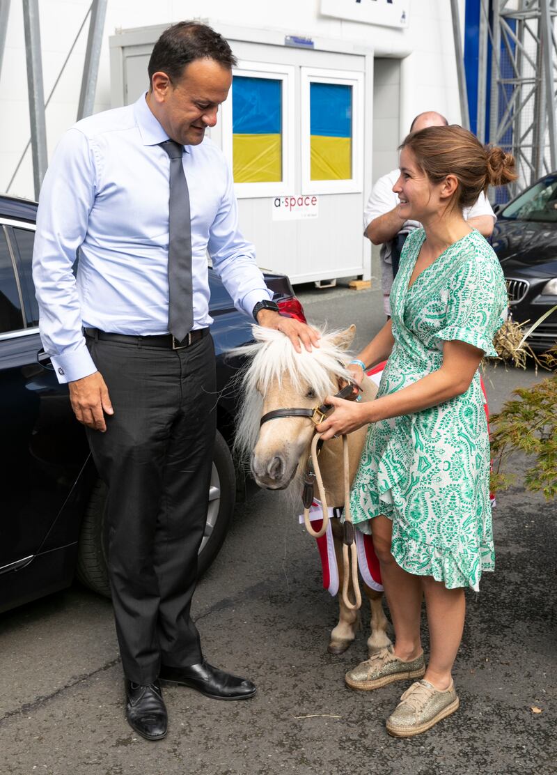 Tánaiste Leo Varadker at the Dublin Horse Show with Teddy the Shetland Pony and his owner, Alice Goring. Photograph: Coalesce