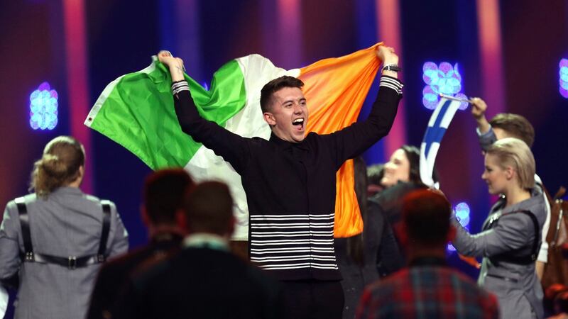 Ryan O’Shaughnessy f celebrates after securing a place in the final in Lisbon, Portuga in  the first semi-final for the Eurovision Song Contest. Photograph: AP